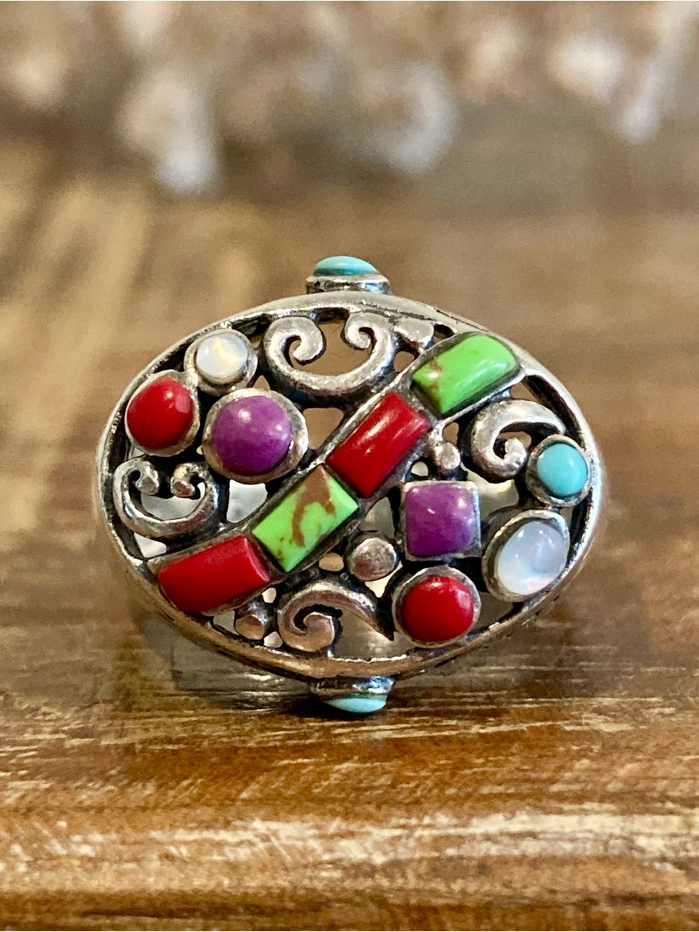 Sterling Silver 925 Multicolor Boho Statement Ring Openwork Filigree Sz 6.75
